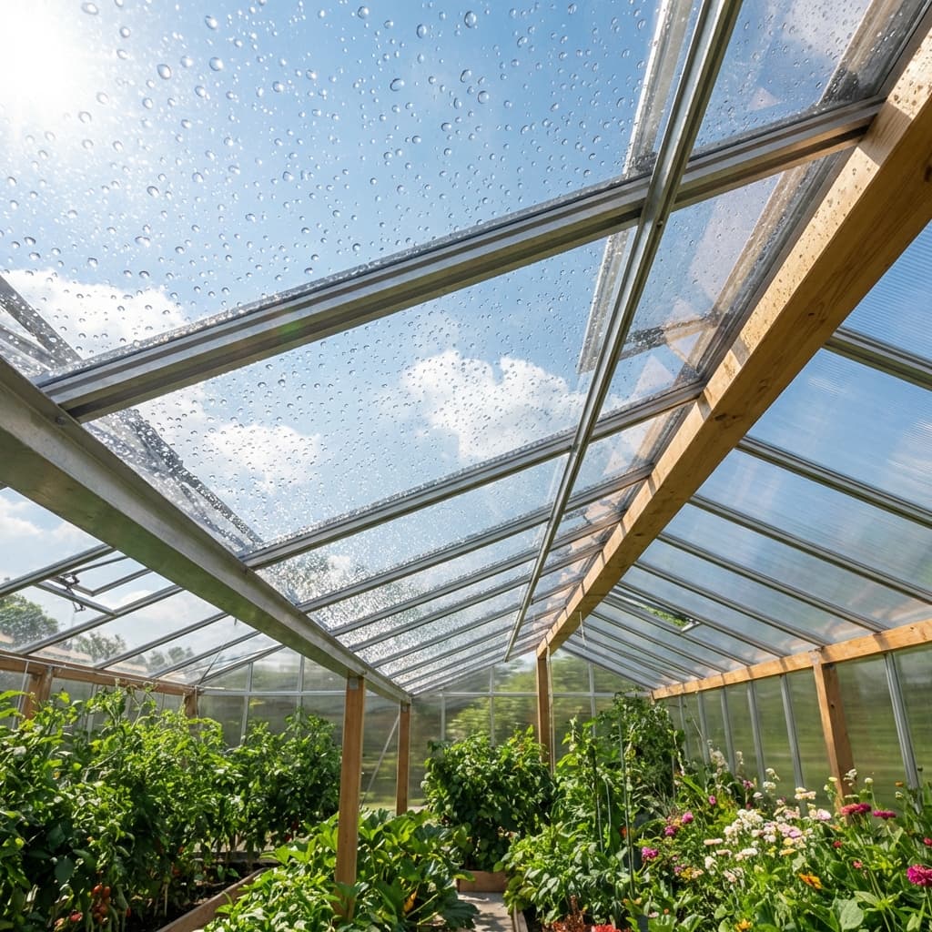 Polycarbonate greenhouse roof panels with water droplets
