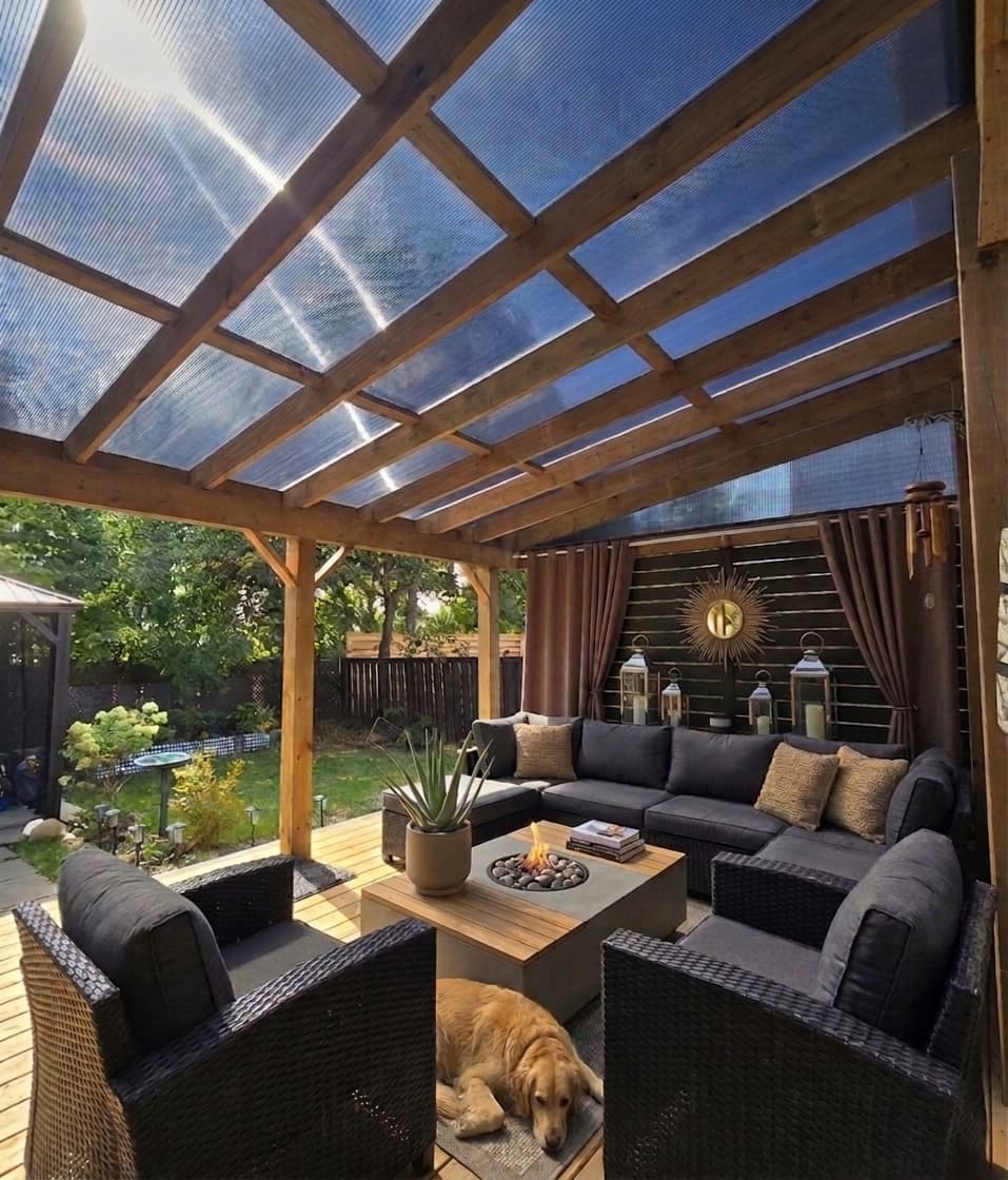 Twinwall polycarbonate roof panels on a wood veranda in Barrie, Ontario