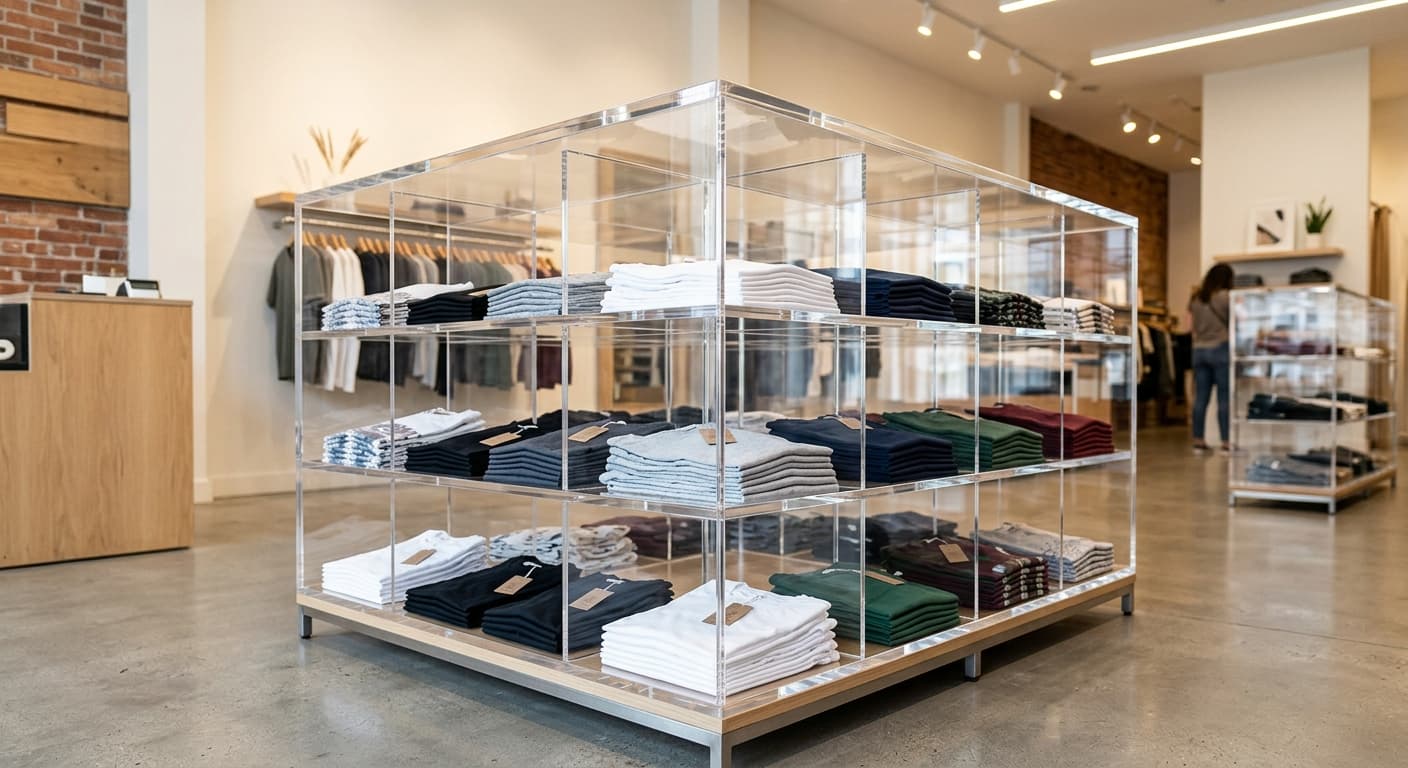 Retail store display case built from clear acrylic sheet