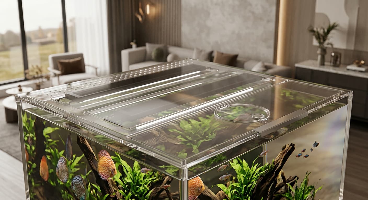 Custom aquarium with a clear acrylic lid and panels