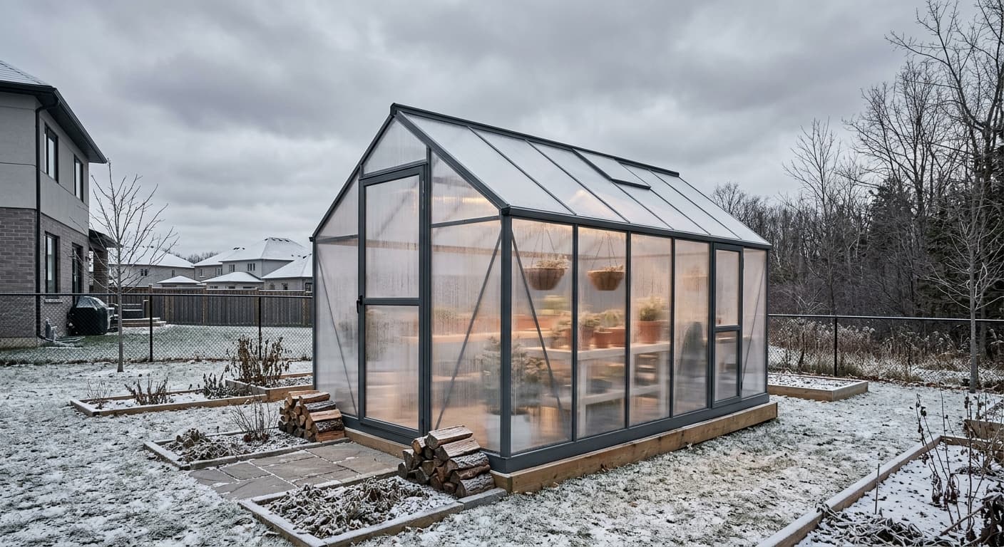 Backyard greenhouse glazed with twin-wall polycarbonate panels in winter