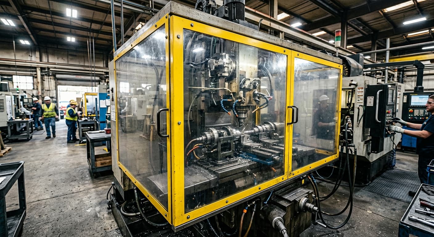 Industrial machine guard enclosure built from solid polycarbonate sheet