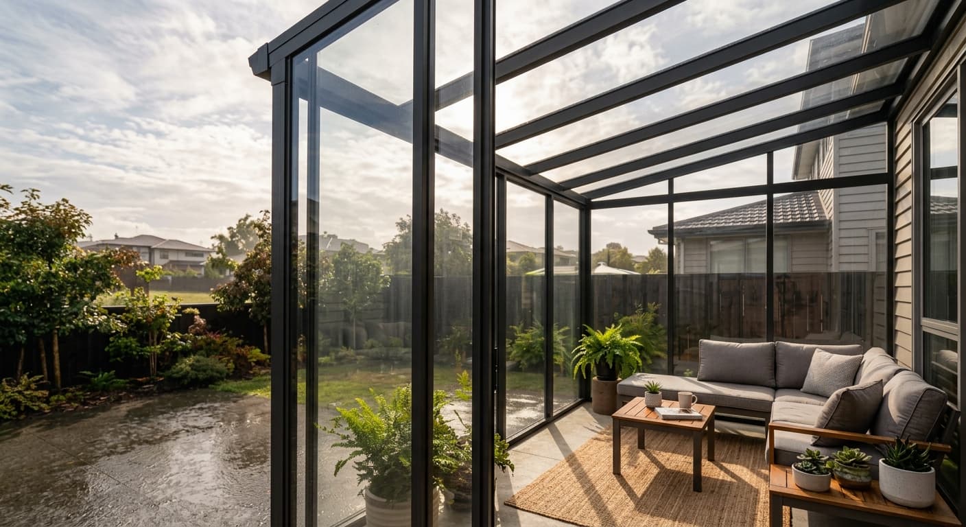Outdoor patio enclosure with a solid polycarbonate roof and glazing