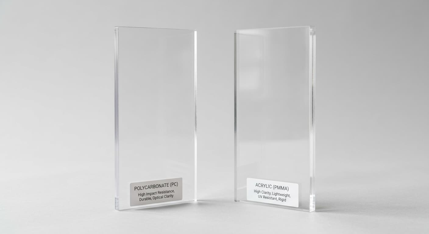 Labeled comparison blocks: Polycarbonate (PC) — high impact resistance, durable, optical clarity. Acrylic (PMMA) — high clarity, lightweight, UV resistant, rigid