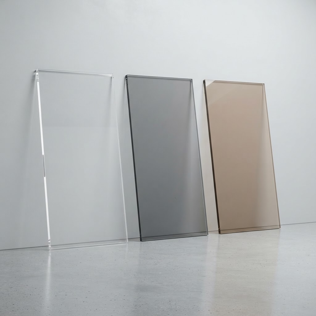 Solid Poly-Sky polycarbonate sheets stacked in Clear, Smoky, and Bronze