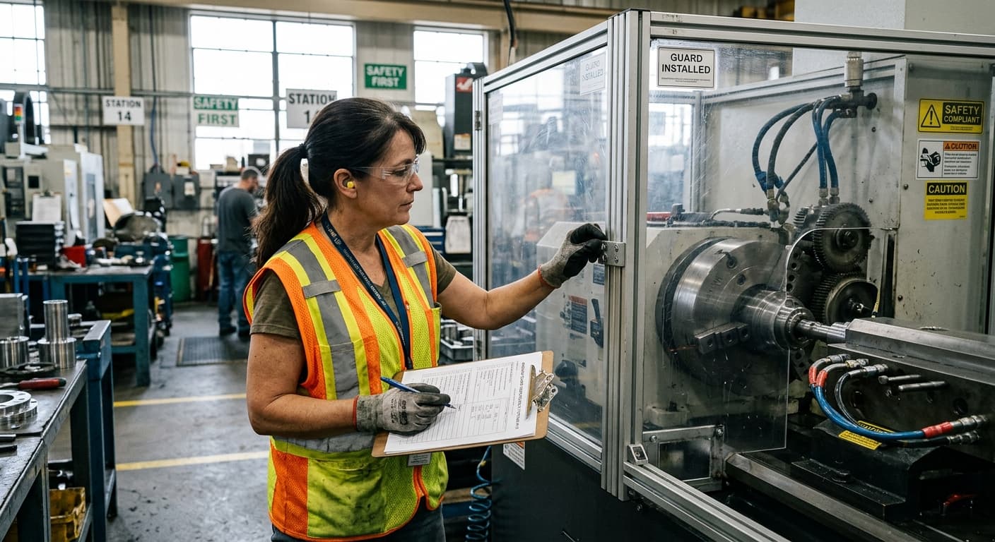 Safety inspector reviewing a machine guard installation with a clipboard checklist