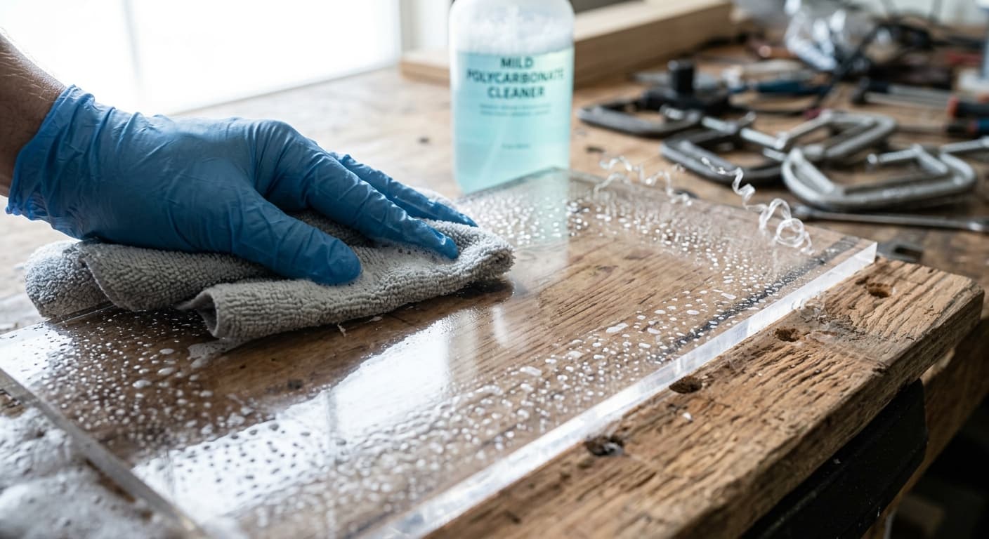 Cleaning a polycarbonate sheet with mild polycarbonate-safe cleaner and a microfiber cloth