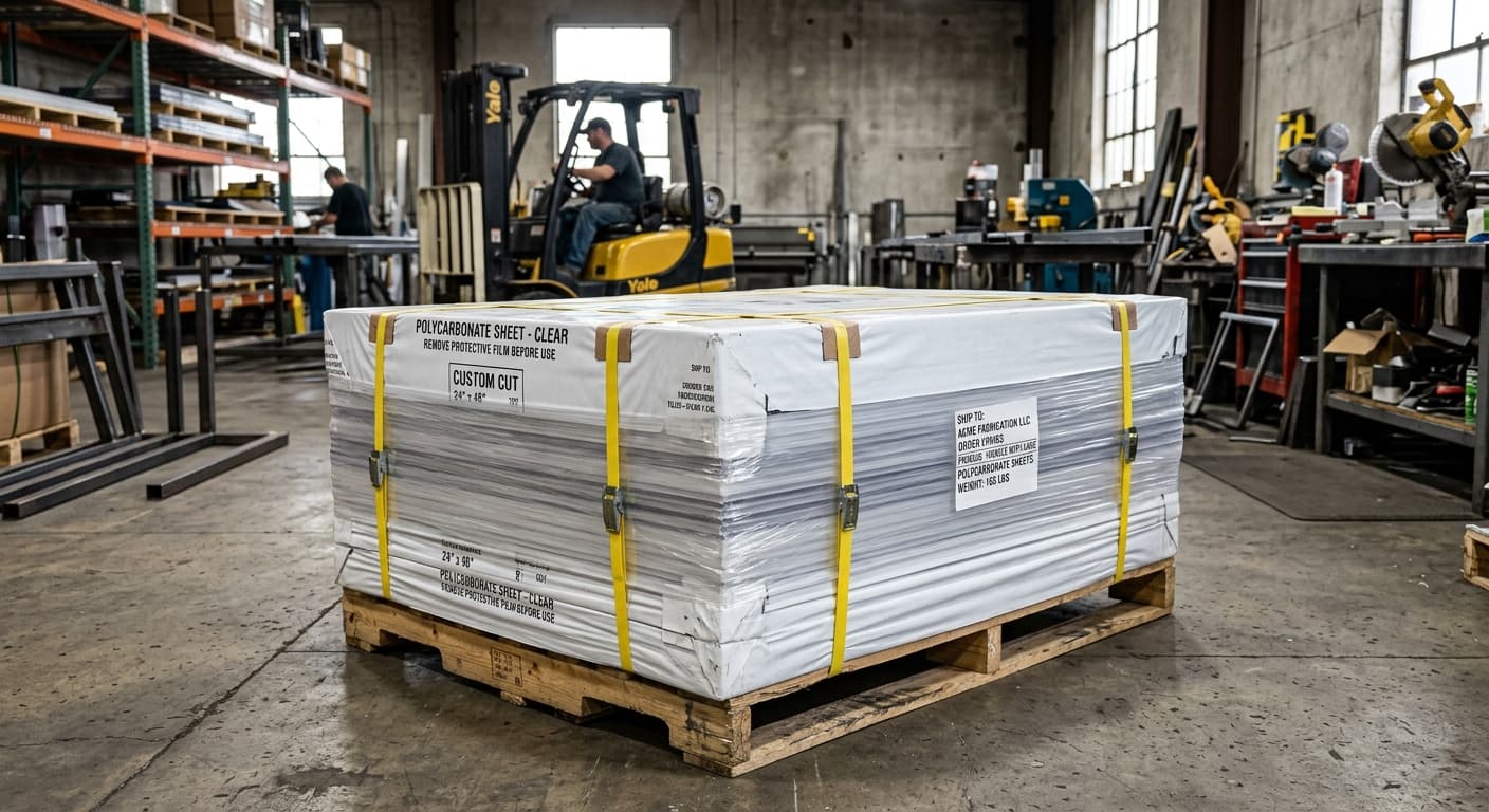 Custom-cut clear polycarbonate sheets shrink-wrapped and strapped on a pallet in a fabrication warehouse