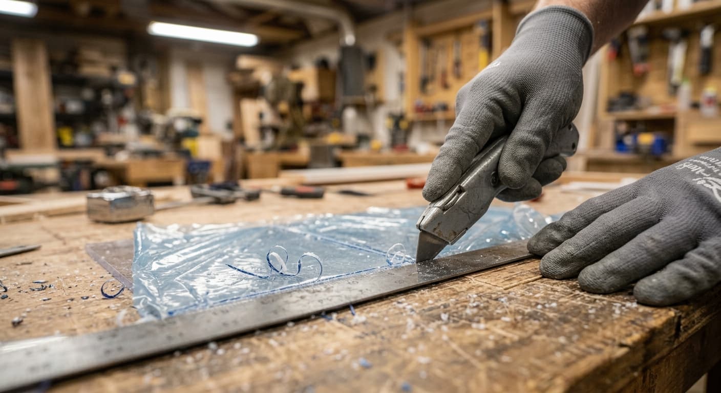 Scoring and snapping a plastic sheet with a utility knife and metal straightedge