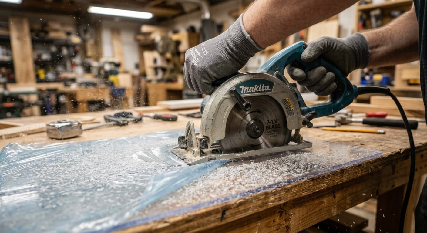 Cutting a clear polycarbonate sheet with a circular saw on a workbench