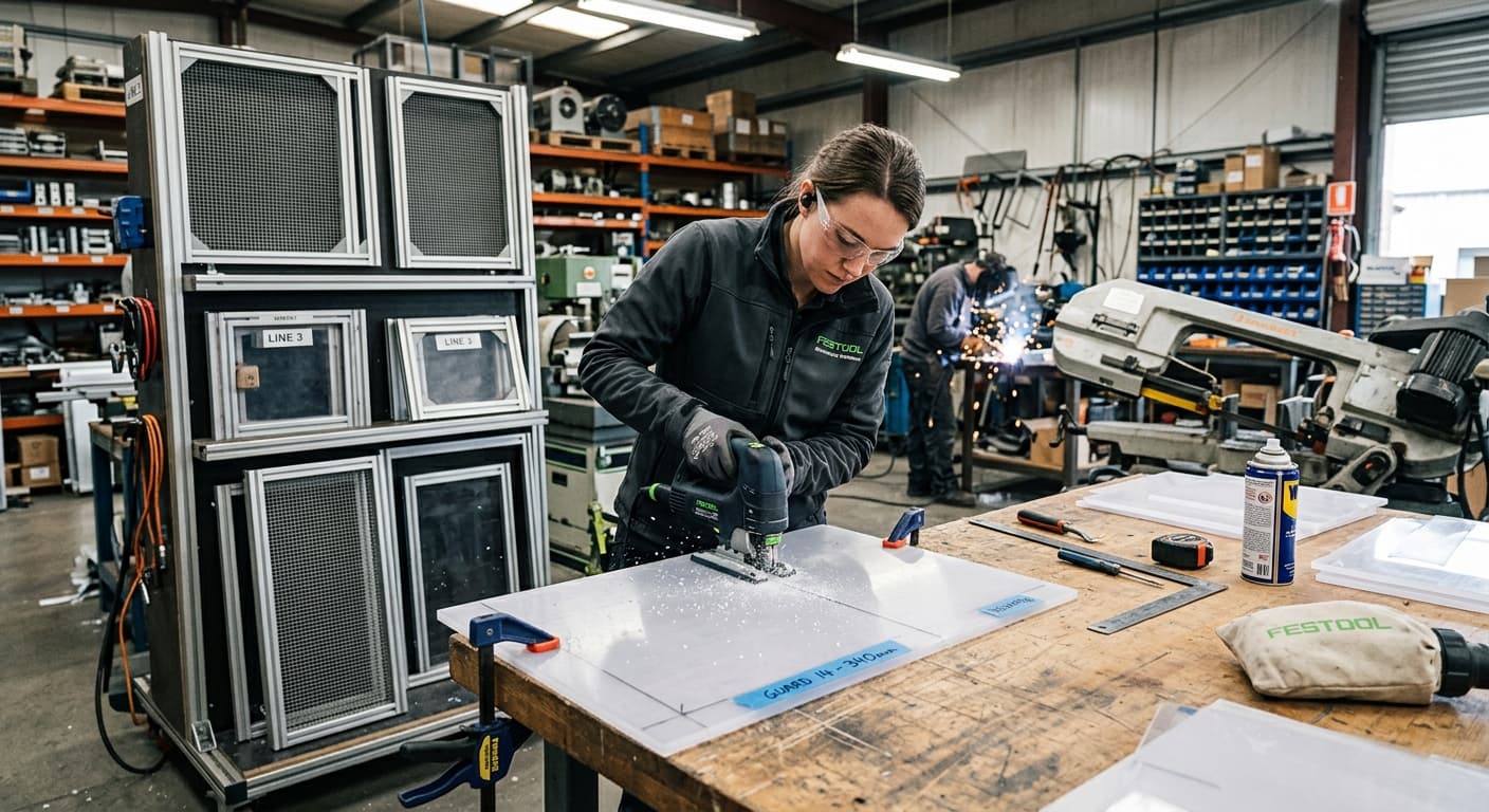 Technician cutting a custom polycarbonate guard panel to size on a workbench