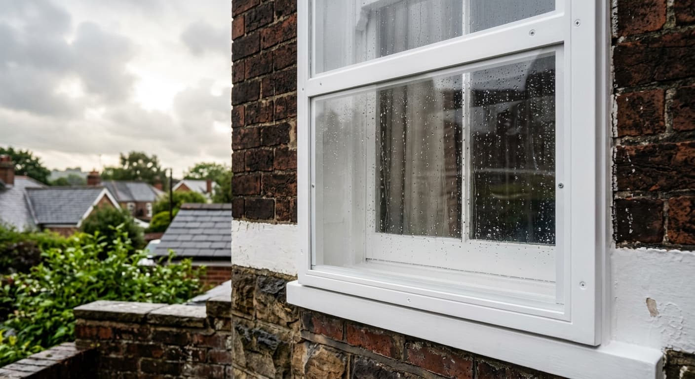 Close-up of a white-framed storm window with rain droplets beading on the glazing against a brick house