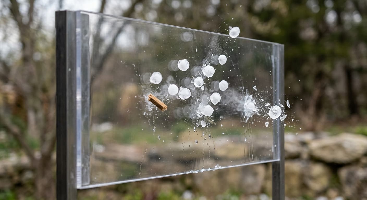 Polycarbonate test panel showing multiple impact points from ice balls with no cracking, mounted outdoors