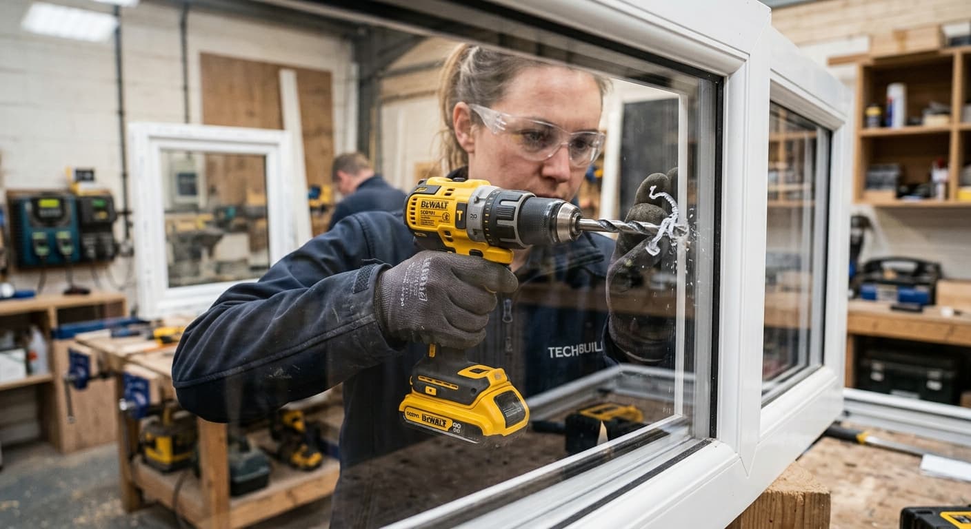 Technician drilling an oversized mounting hole in a polycarbonate window panel with a cordless drill