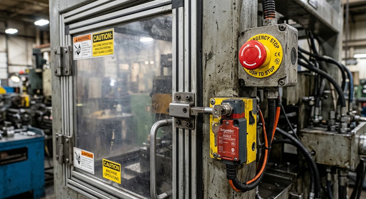 Interlocked polycarbonate guard door with a safety interlock switch and red emergency stop button