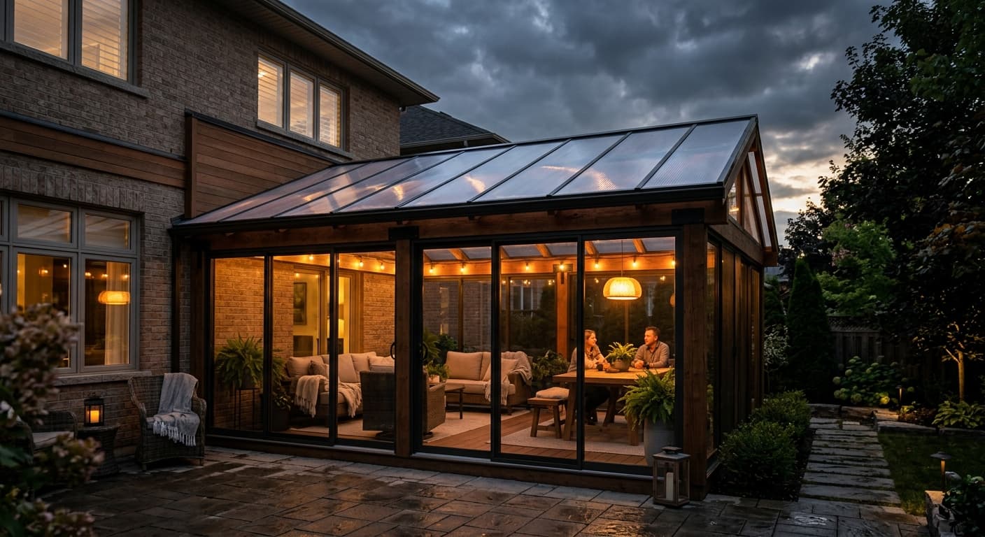 Backyard patio enclosure at dusk with a polycarbonate roof, glass walls, and warm interior lighting