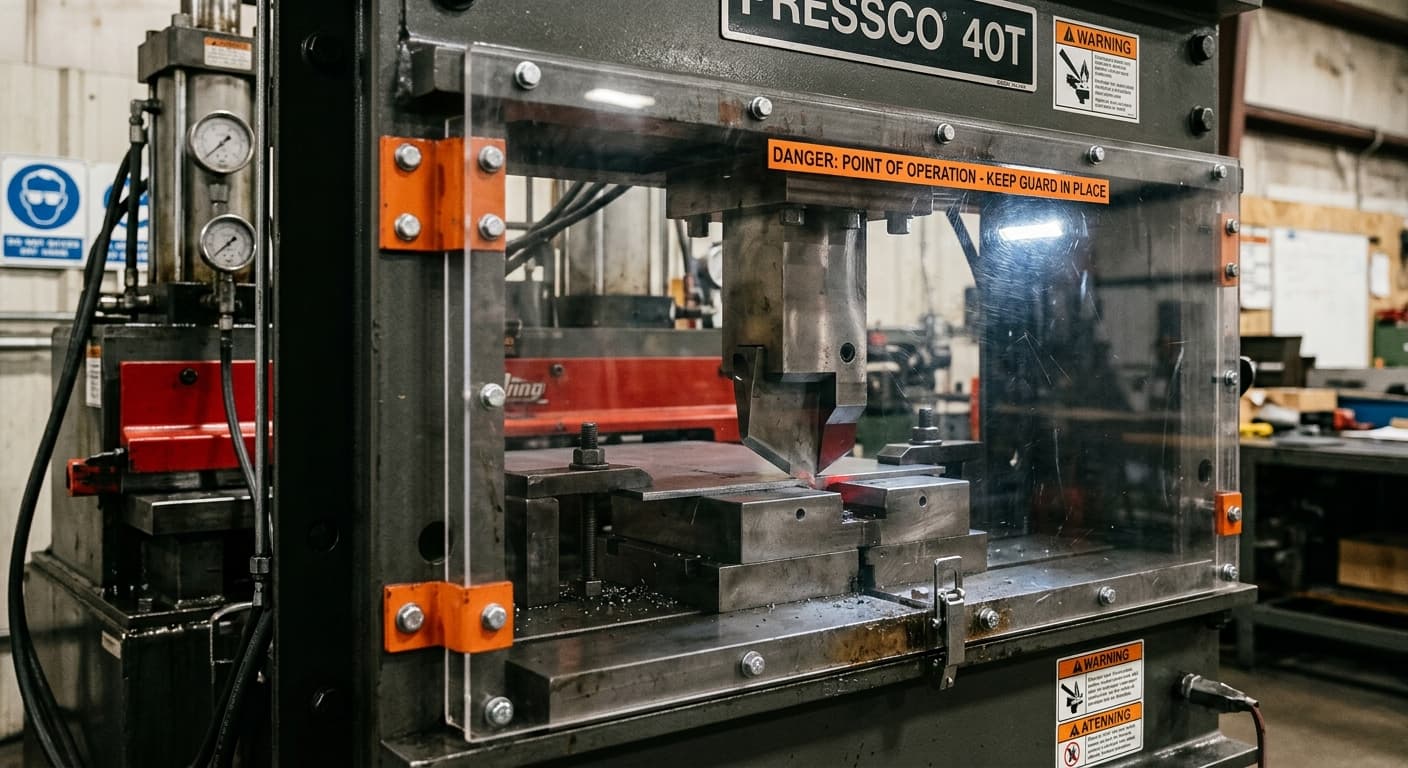 Clear polycarbonate guard mounted at the point of operation on a hydraulic press machine