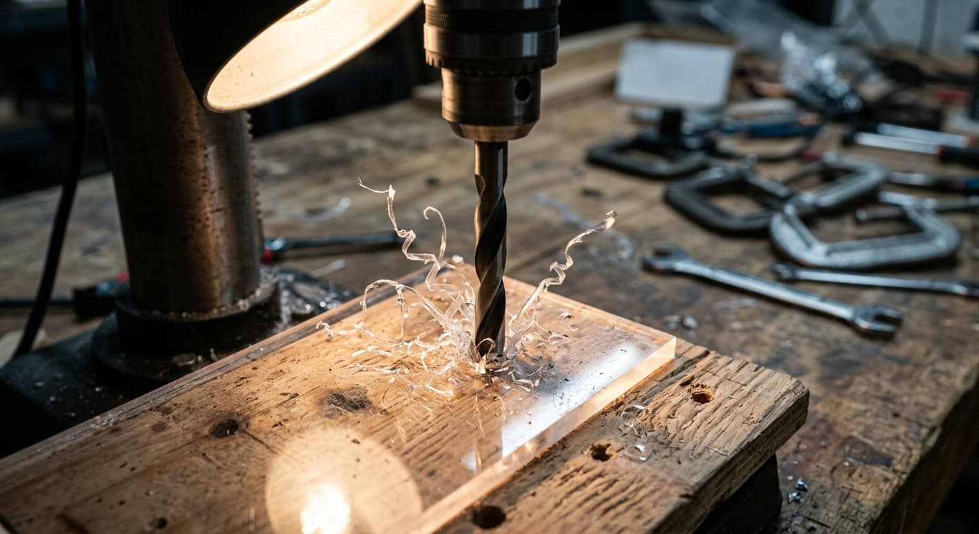 Drilling a hole in a polycarbonate sheet on a drill press with backing support