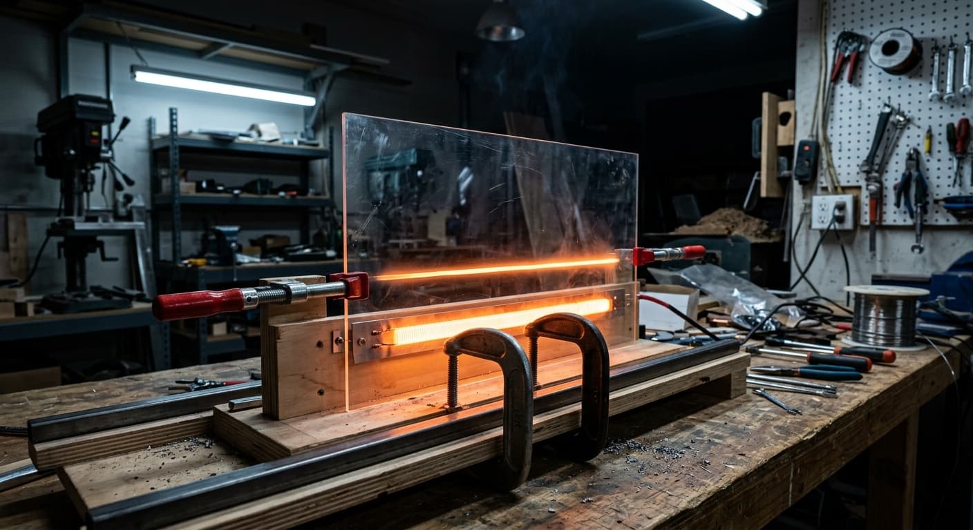 Heat bending a polycarbonate sheet with a strip heater in a workshop jig