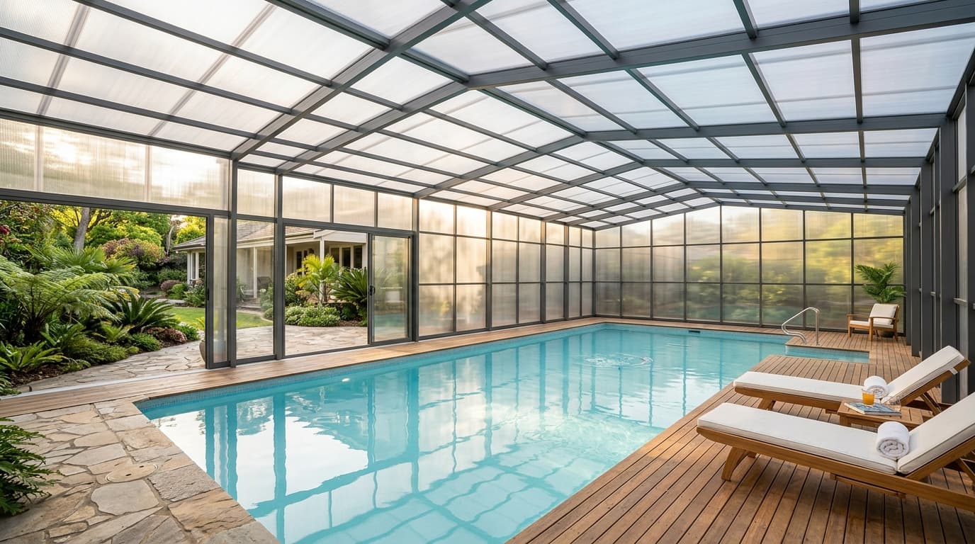 Indoor pool enclosure with a translucent multi-wall polycarbonate roof and glazed side walls
