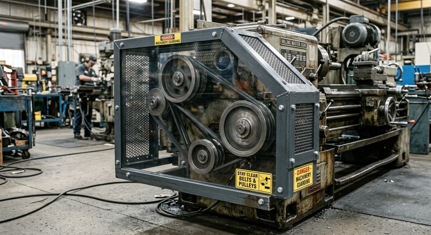 Fixed guard covering exposed belts and pulleys on industrial machinery