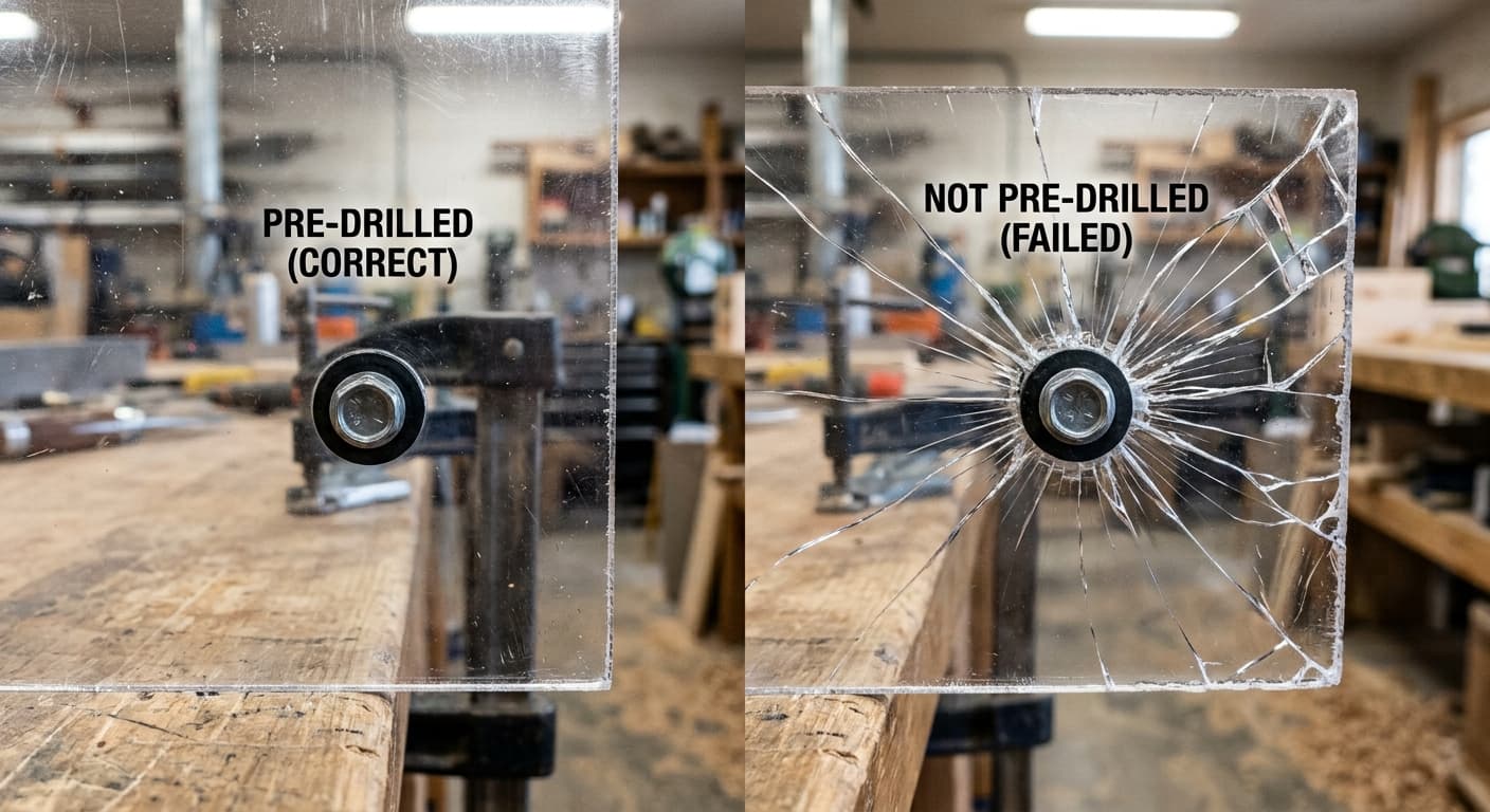 Comparison of a pre-drilled polycarbonate mounting hole versus a cracked hole drilled too tight
