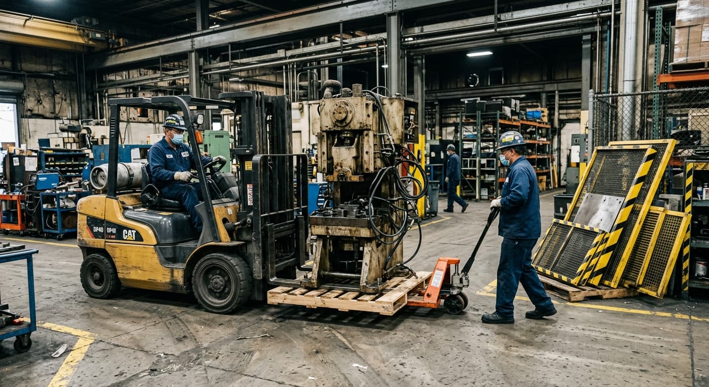 Workers relocating an industrial machine with a forklift and pallet jack, guard panels set aside