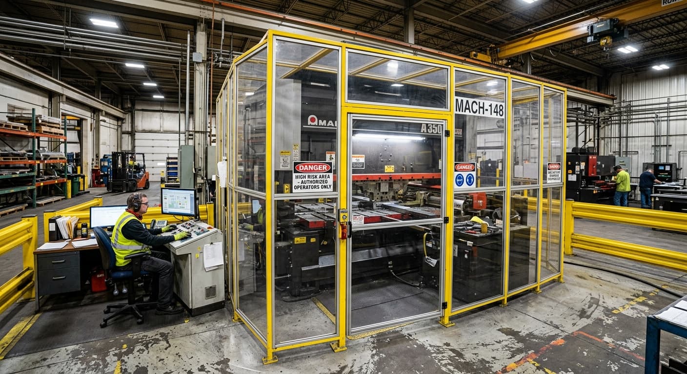 Clear polycarbonate safety enclosure installed around an industrial press brake in a machine shop