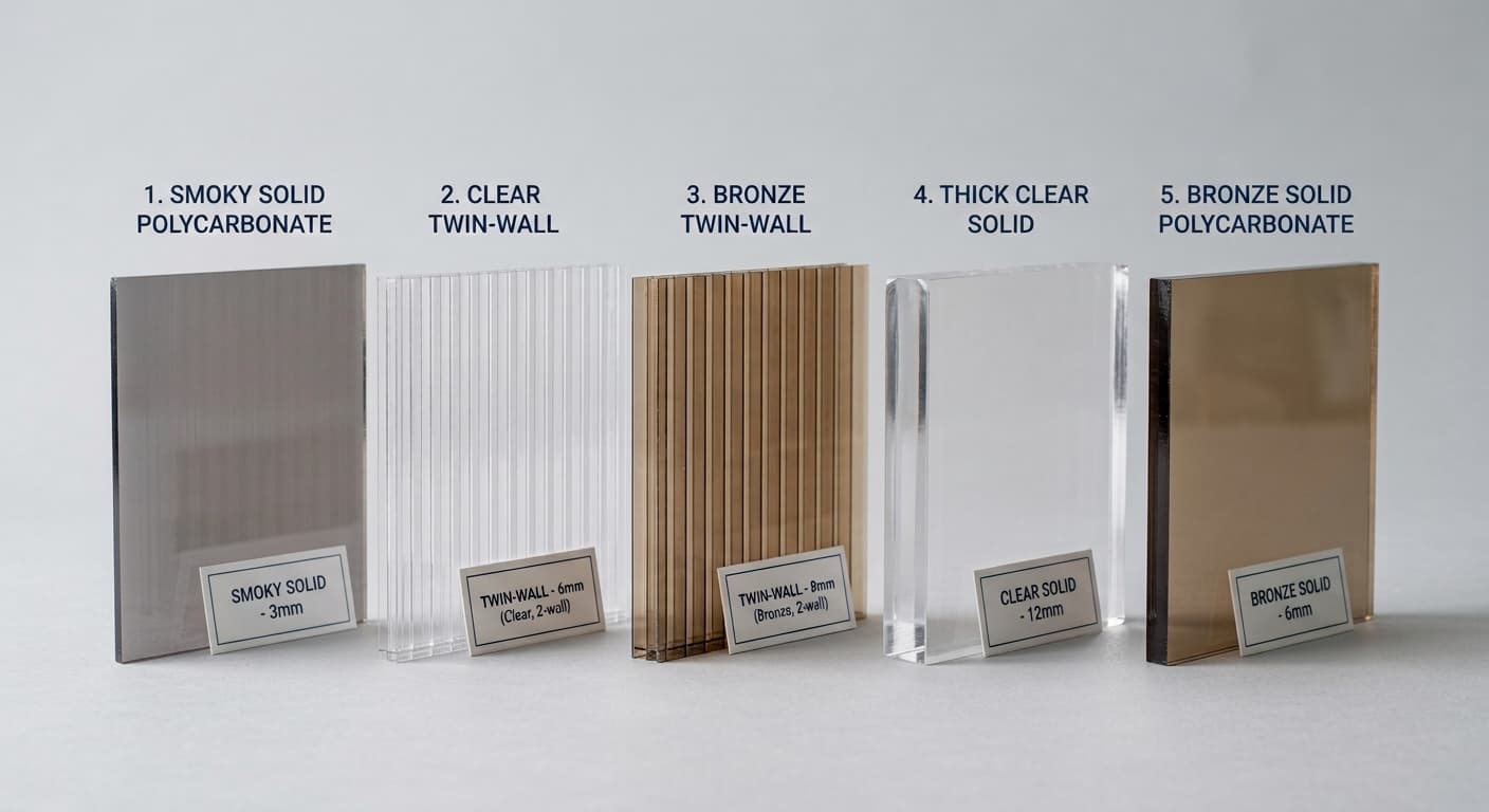 Five polycarbonate sheet samples side by side — smoky solid, clear twin-wall, bronze twin-wall, thick clear solid, and bronze solid