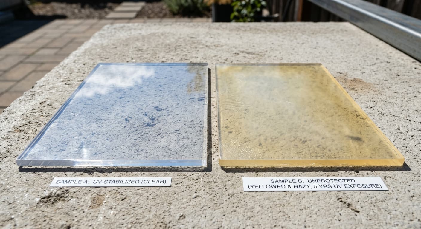 Two polycarbonate samples side by side — a clear UV-stabilized panel and a yellowed, hazy unprotected panel after five years of UV exposure