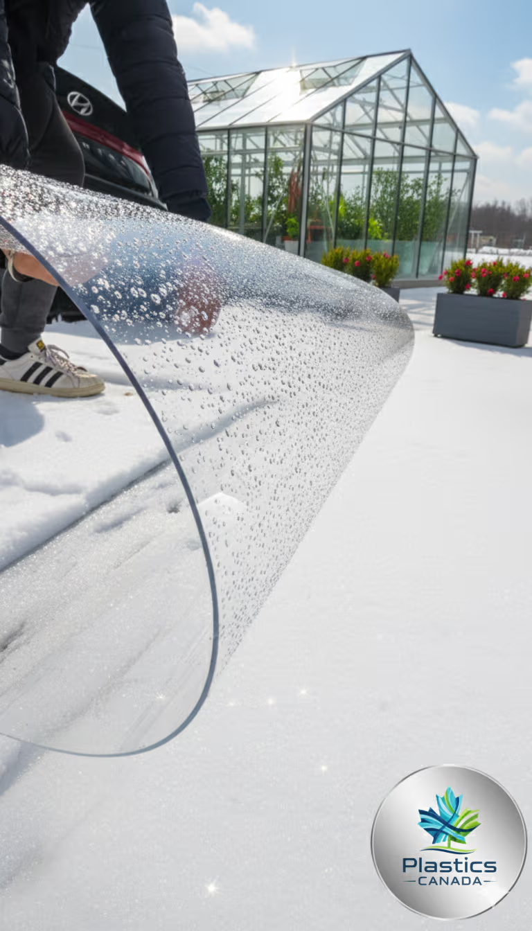 Flexible lexan sheet with water droplets during winter greenhouse installation